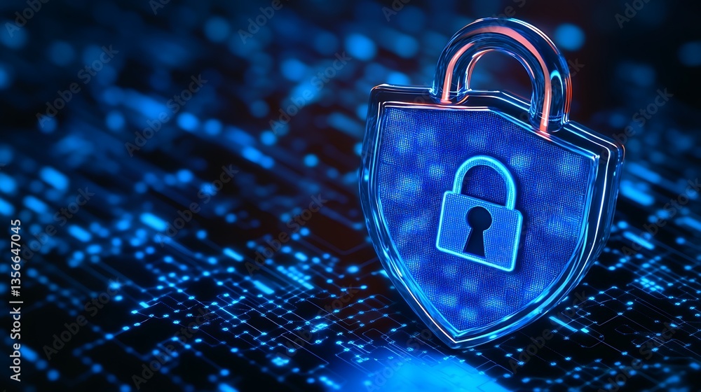 Poster digital lock symbol with shield on abstract blue background representing cybersecurity and data prot