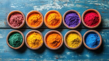 Colorful powdered pigments arranged in bowls on rustic blue wooden surface