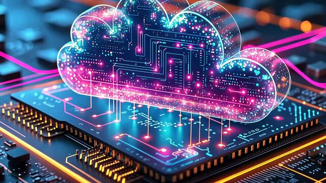 Futuristic cloud computing concept with glowing digital cloud above microchip in vibrant neon circuit board setting

