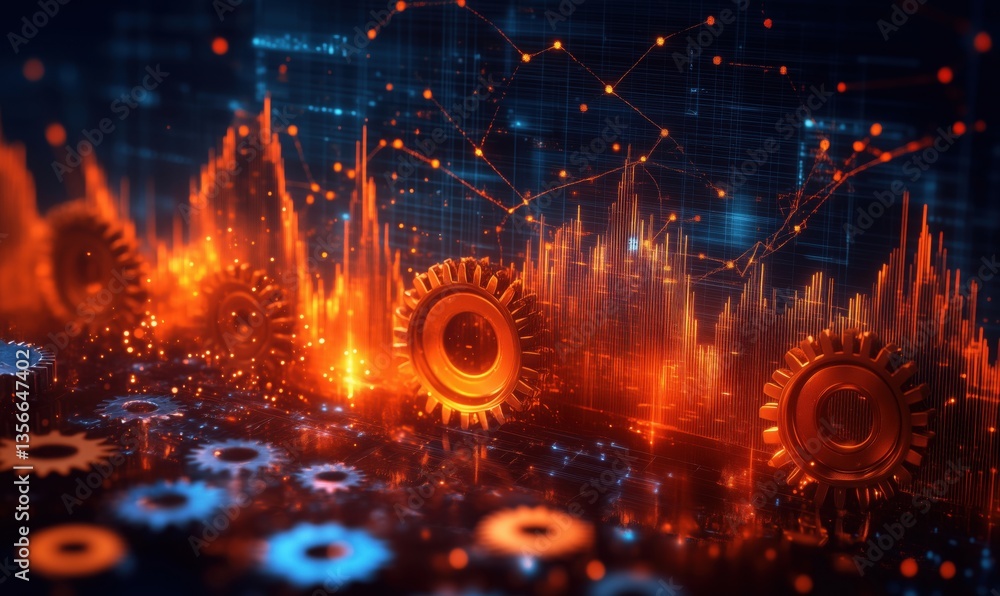 Poster futuristic data visualization with gears and glowing graphs representing technology and industry