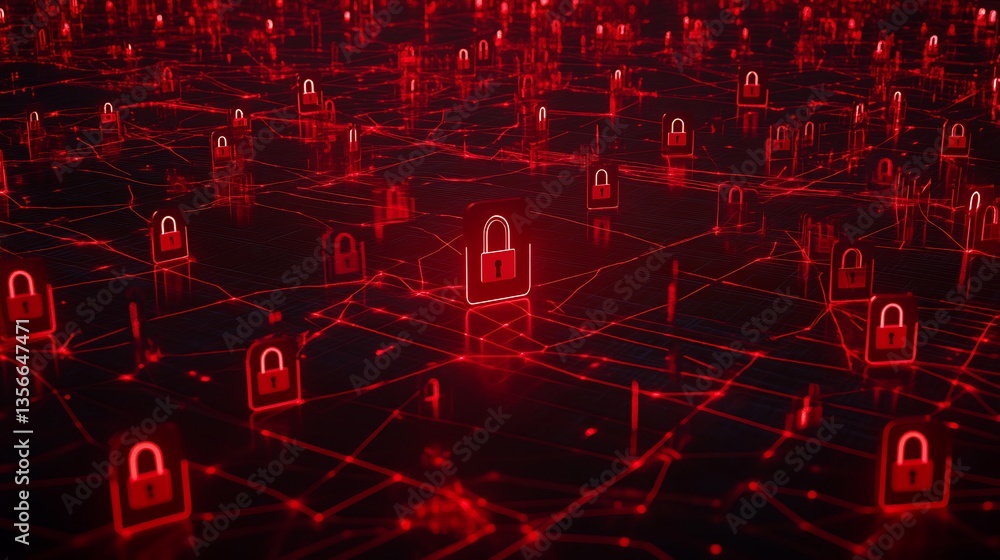 Poster digital network of glowing red padlocks representing cybersecurity and data protection in a modern t