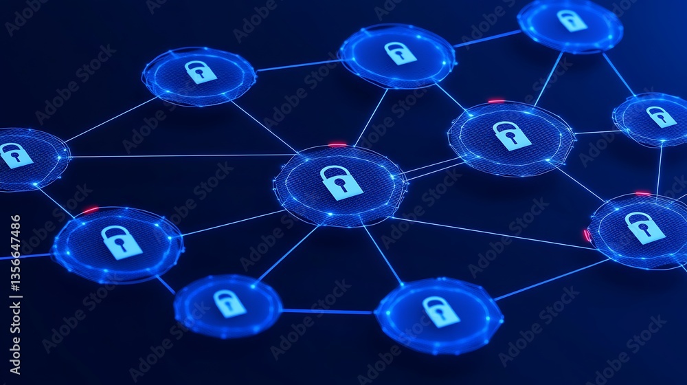 Poster digital network security concept with lock icons and connected nodes representing data protection el