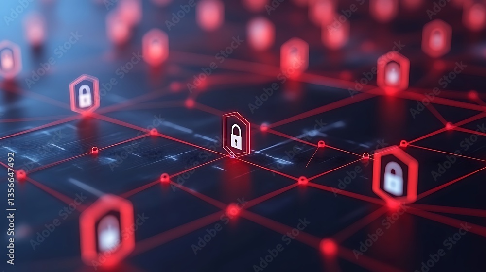 Poster digital network security concept with red lock icons in a tech background for cyber protection theme