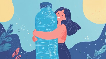 A young woman hugging a giant water bottle, proud of hitting her hydration goal. 