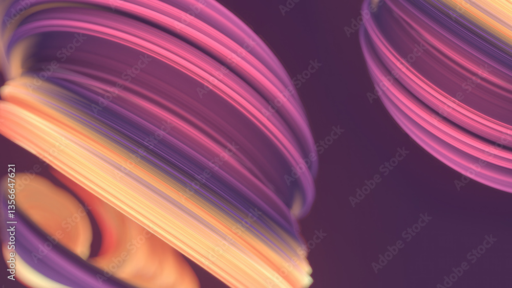 Poster Abstract 3D rendering illustration with wavy elements woven into a single dynamic structure. Symmetry and soft gradients of purples and yellows enhance the fluid effect