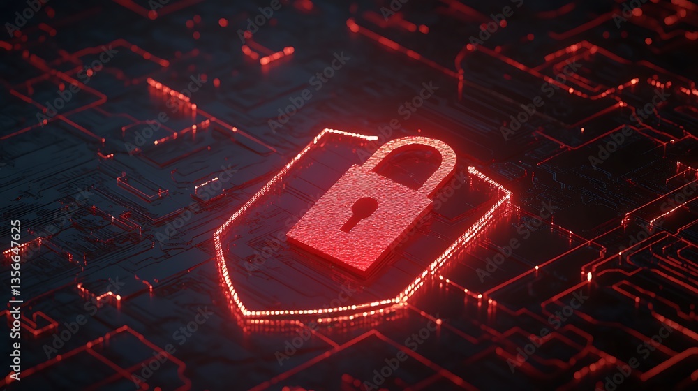 Poster digital padlock symbol in red neon on dark circuit board background representing cybersecurity and d