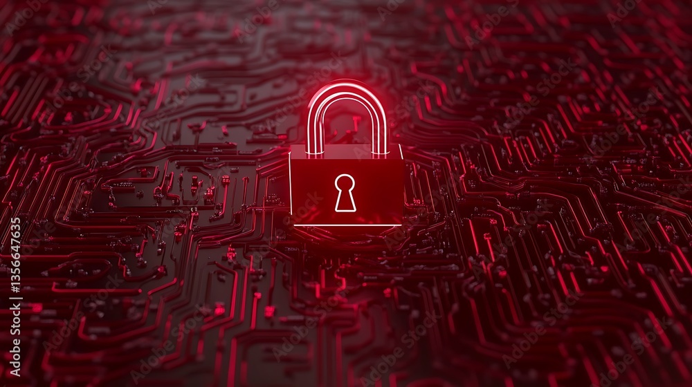 Poster digital padlock icon glowing on computer circuit board background with high-tech futuristic design e