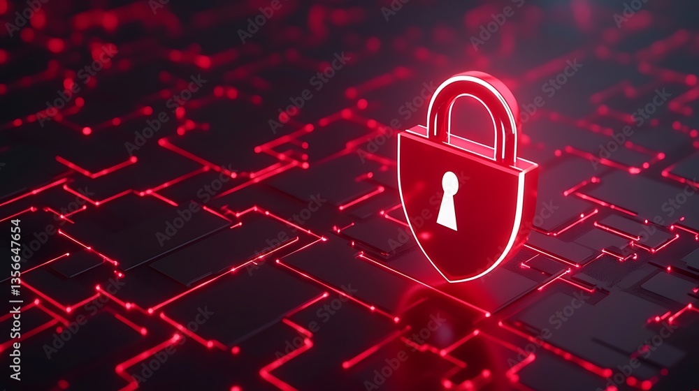 Poster digital padlock symbol on a glowing circuit board background for cybersecurity concept visualization