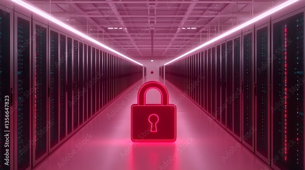 Poster digital secure data center hallway featuring glowing lock symbol with server racks in background