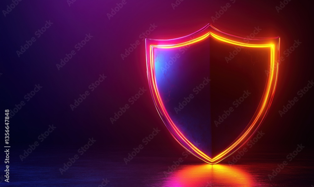 Poster neon shield design with glowing edges on dark background for security and protection themes