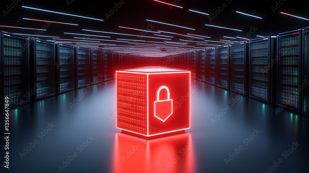 Poster digital secure box in data center with neon lights depicting advanced technology and cybersecurity c