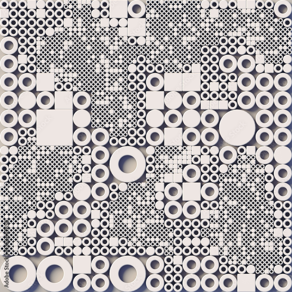 Fototapete Abstract geometric pattern consisting of many white circles and squares of different sizes. Parametric design style composition with procedural generation elements. 3d rendering