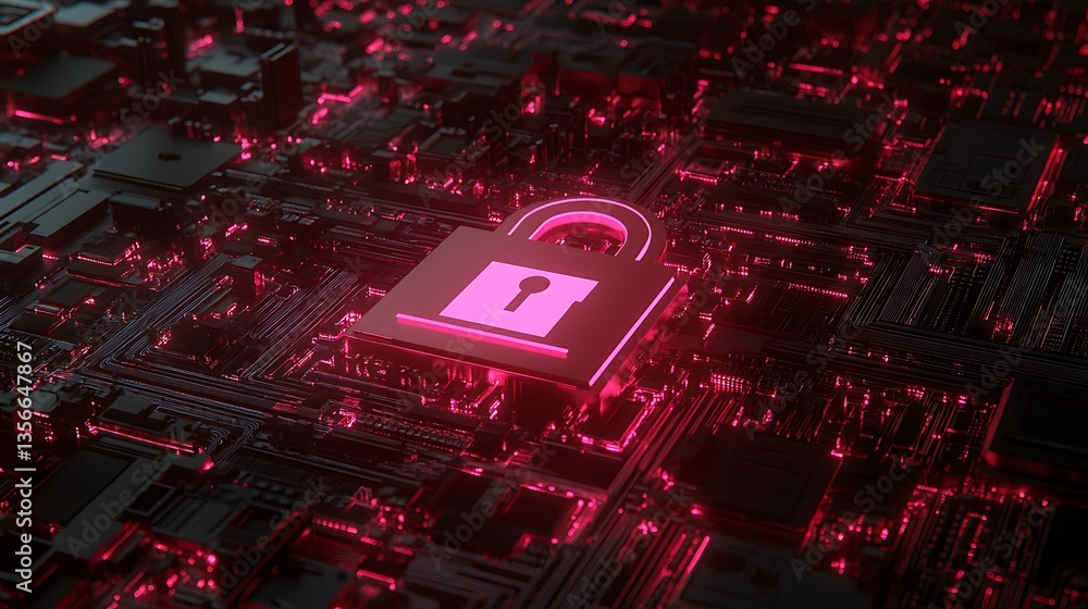 Poster digital secure lock on circuit board background in vibrant pink and red colors representing cybersec