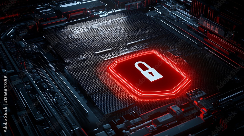 Poster digital secure lock symbol on futuristic high-tech circuit background with neon elements and technol