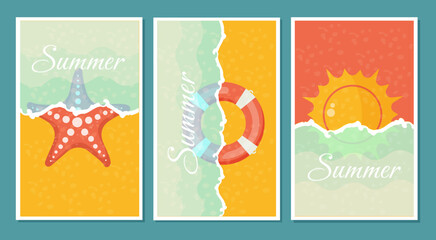 Set of vertical banners with summer elements. Sun, starfish and lifebuoy. Travel leaflets with sea waves and beach. Vector.