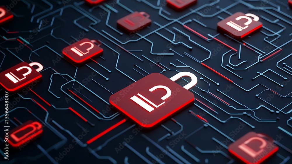 Poster digital security background with red lock icons and circuit board design for technology and cybersec