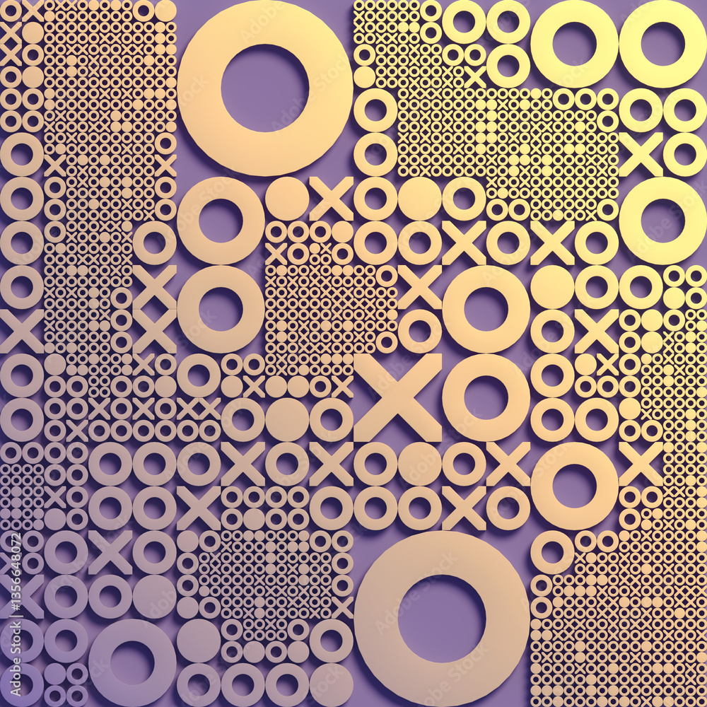 Poster Dynamic geometric pattern composed of X's and O's forming a strict composition. A bright gradient of yellows and purples emphasizes the contrast. 3d rendering digital illustration