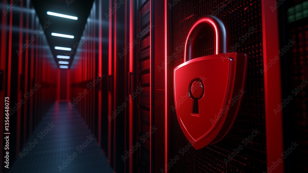 Poster digital security concept featuring a glowing padlock in a futuristic data center with red lights and