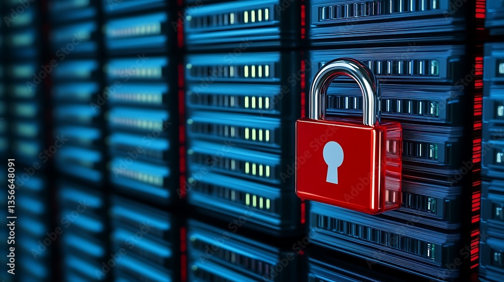Poster digital security concept featuring a red padlock on a server stack in a data center environment