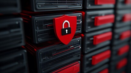 Naklejka premium Digital Security Concept Featuring Data Servers and Shield with Lock Symbol for Cyber Protection