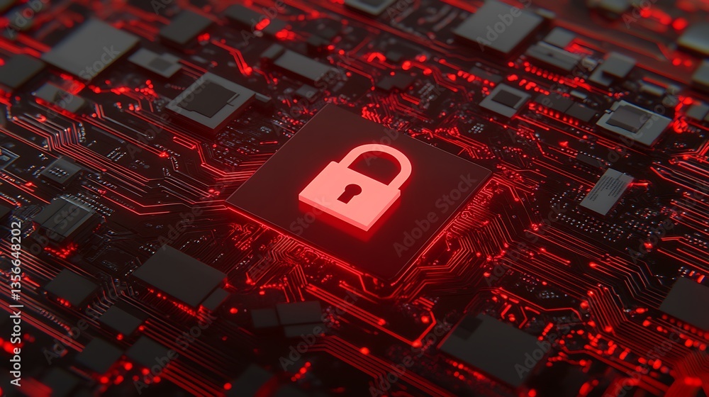 Poster digital security concept featuring red padlock on circuit board background with futuristic technolog
