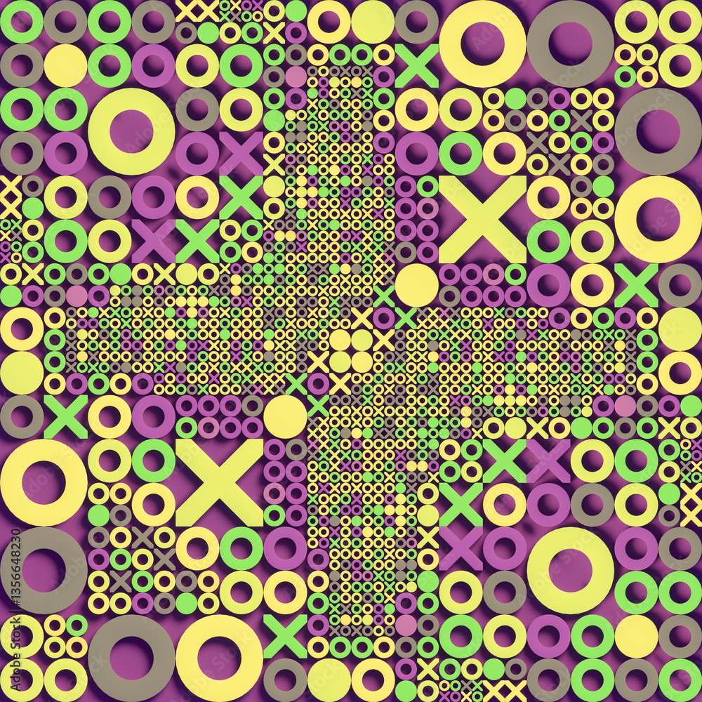 Aufkleber A composition of set X's and O's organized in a complex symmetrical grid. Bright contrasting colors of purple, yellow and green. Contemporary geometric abstractionism. 3d rendering illustration
