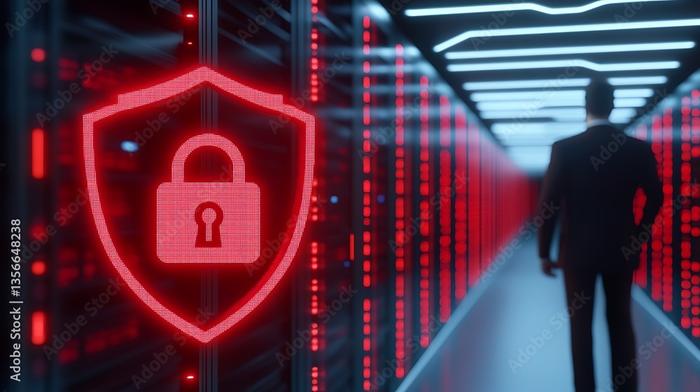 Poster digital security concept in a modern data center with a shield lock icon and silhouette of a busines
