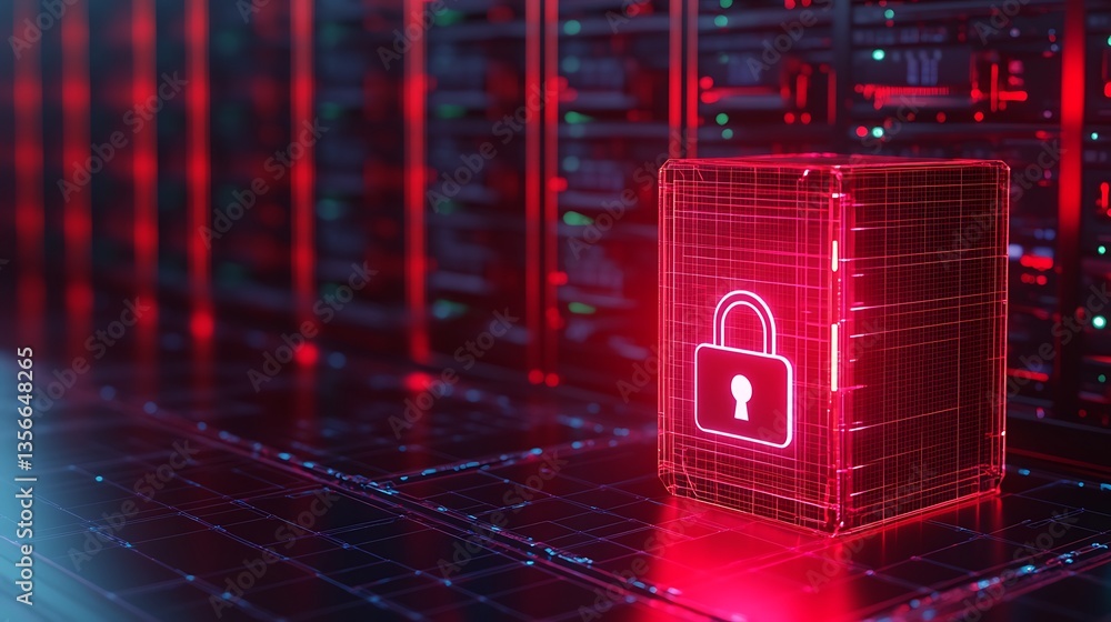 Poster digital security concept represented by glowing lock symbol on virtual background of data servers an