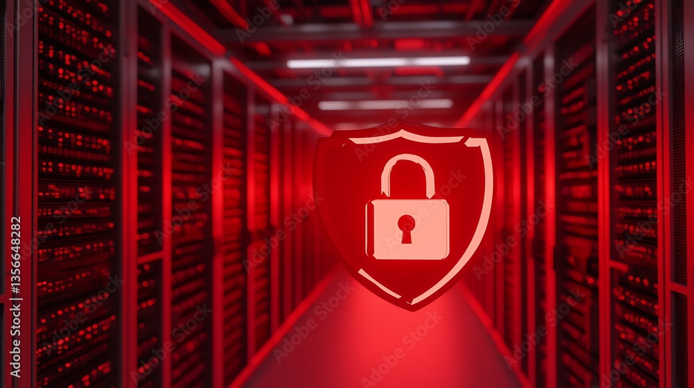 Poster digital security concept in data center with red lighting and shield icon featuring a lock for cyber