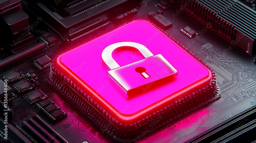Poster digital security concept with a glowing lock symbol on a circuit board background in vibrant pink an