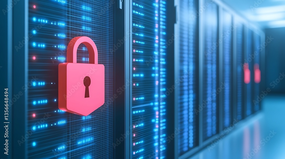 Poster digital security concept with a red padlock on server racks in a modern data center environment