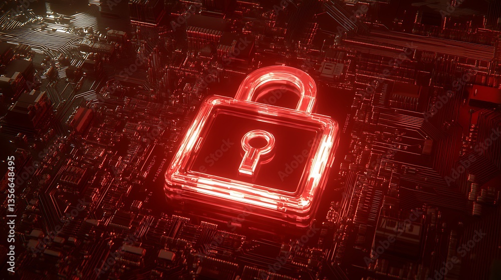 Poster digital security concept with a glowing red lock symbol over a complex circuit board background
