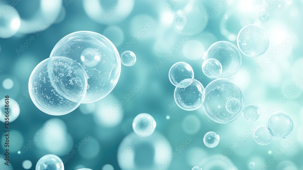 Poster bubbles floating in soft blue background with light reflections and bokeh effect