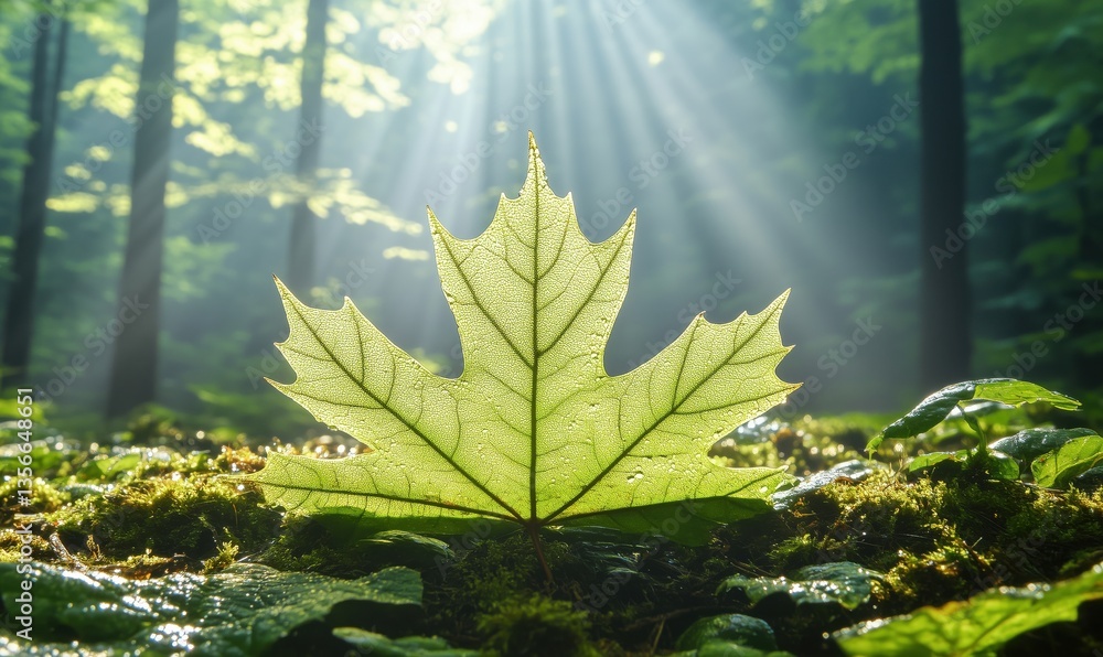 Poster sunlit maple leaf glowing in forest with rays of light and dew drops