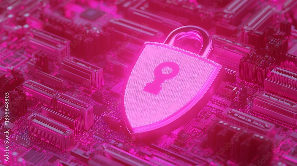 Poster digital security concept with cyber lock on circuit board in neon pink color for technology and safe