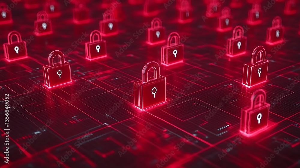 Poster digital security concept with glowing locks on a network grid in red and black tones for cybersecuri