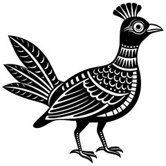 Fototapeta premium Stylized Bird Illustration: A striking black and white illustration of a bird, detailed with intricate patterns and a stylized crest. The bird's plumage is depicted with geometric shapes.