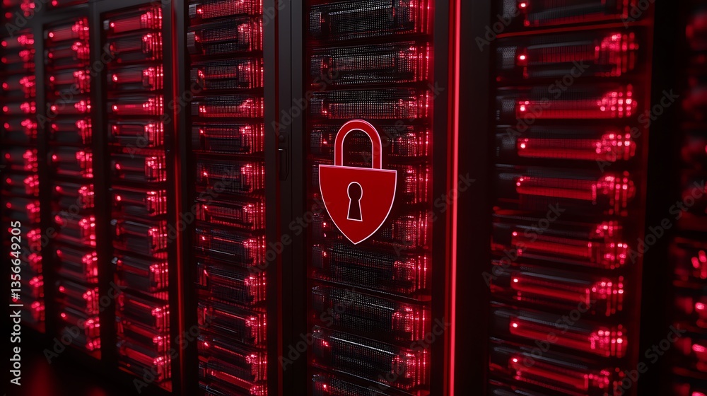Poster digital security concept with glowing red lights and padlock symbol on data server in a modern techn