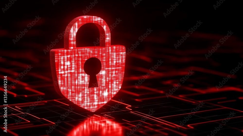 Poster digital security concept with glowing red lock on technology background representing cyber protectio
