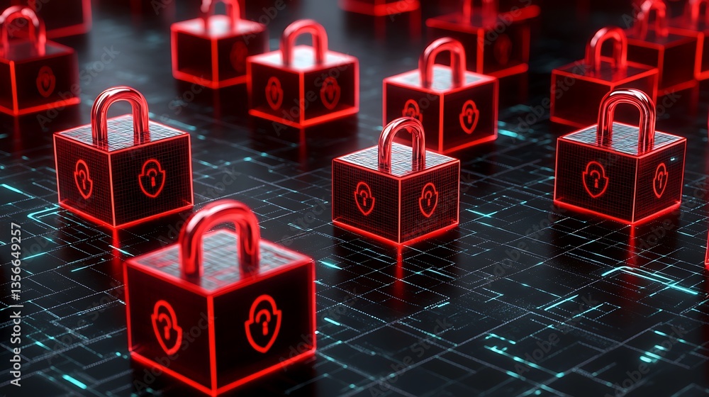 Poster digital security concept with glowing red locks on a dark technological background, symbolizing data