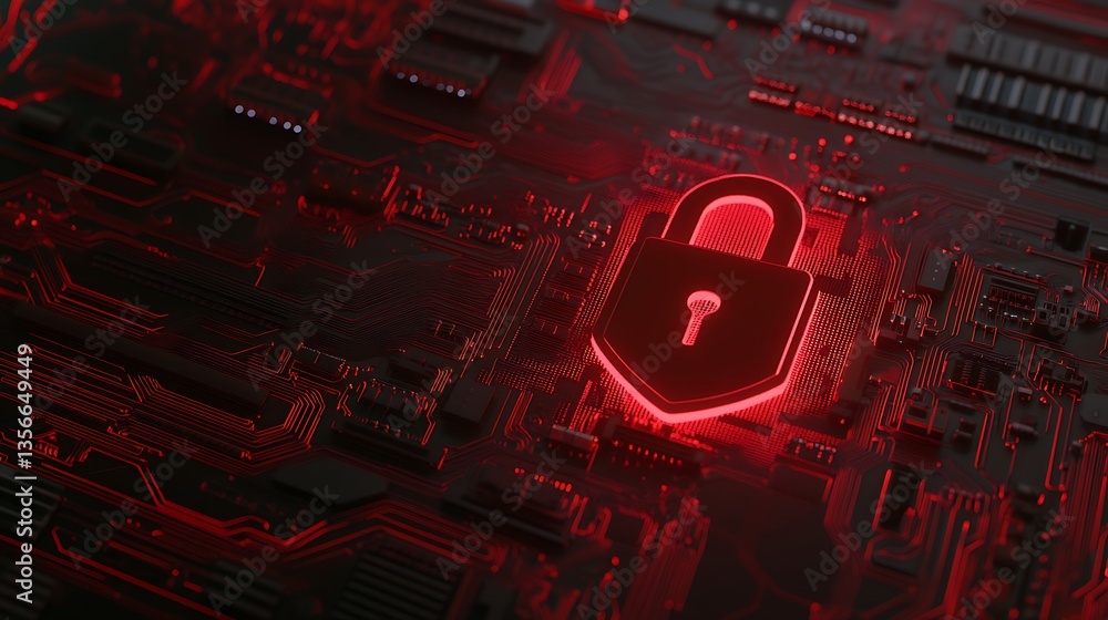Poster digital security concept with lock icon and circuit board pattern in red light for cyber protection