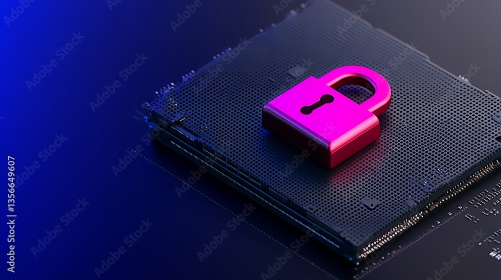 Poster digital security concept with lock on computer circuit background representing data protection and e
