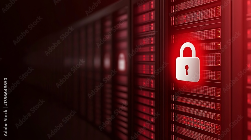 Poster digital security concept with lock symbol and red server room background in data protection visual