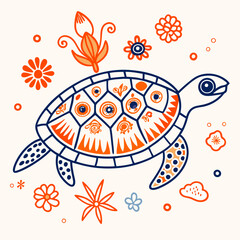 Obraz premium Sea Turtle in Art: An artistic sea turtle with an elaborate shell, decorated with intricate patterns, gracefully swims among vibrant floral elements, creating a whimsical and colorful marine design.