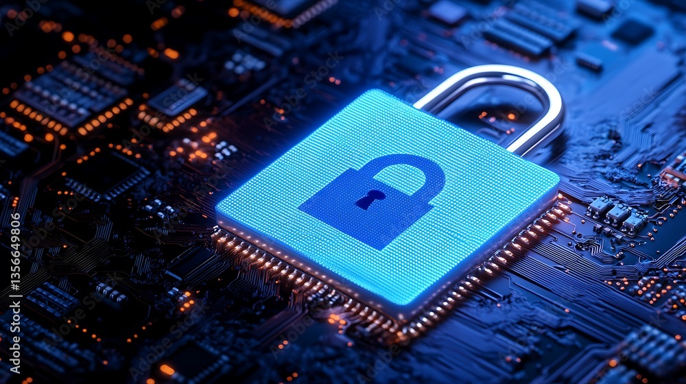Aufkleber digital security concept with lock symbol on circuit board in blue and black color palette for cyber