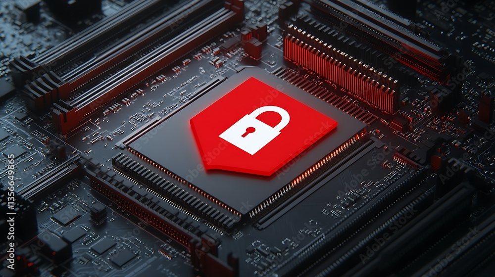 Poster digital security concept with lock symbol on circuit board in red and black color scheme for technol