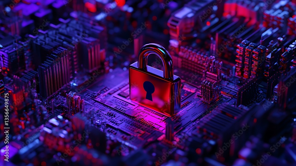 Poster digital security concept with lock symbol on circuit board surrounded by colorful neon lights
