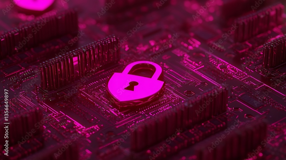 Poster digital security concept with lock symbol on circuit board in vibrant pink color scheme for cyber pr
