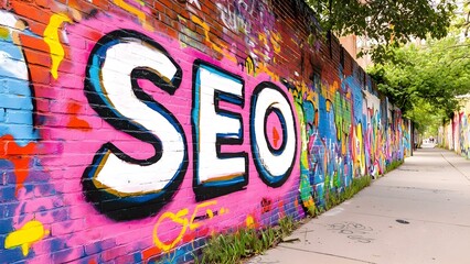A vibrant graffiti mural featuring colorful designs and the bold letters SEO on a brick wall beside a sidewalk. Concept Vibrant Graffiti Art, Colorful Urban Design, Bold SEO Letters