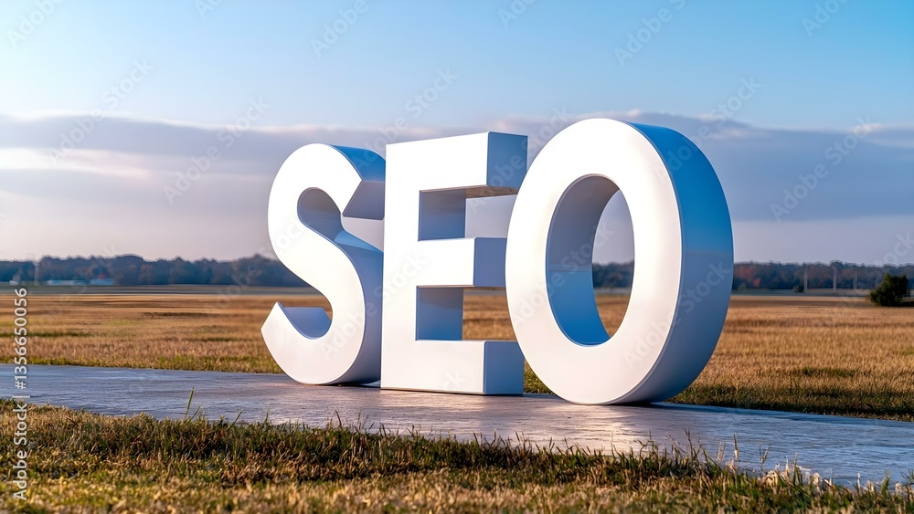 Poster large, three-dimensional letters spelling seo positioned on a pathway in a field under a clear sky. 